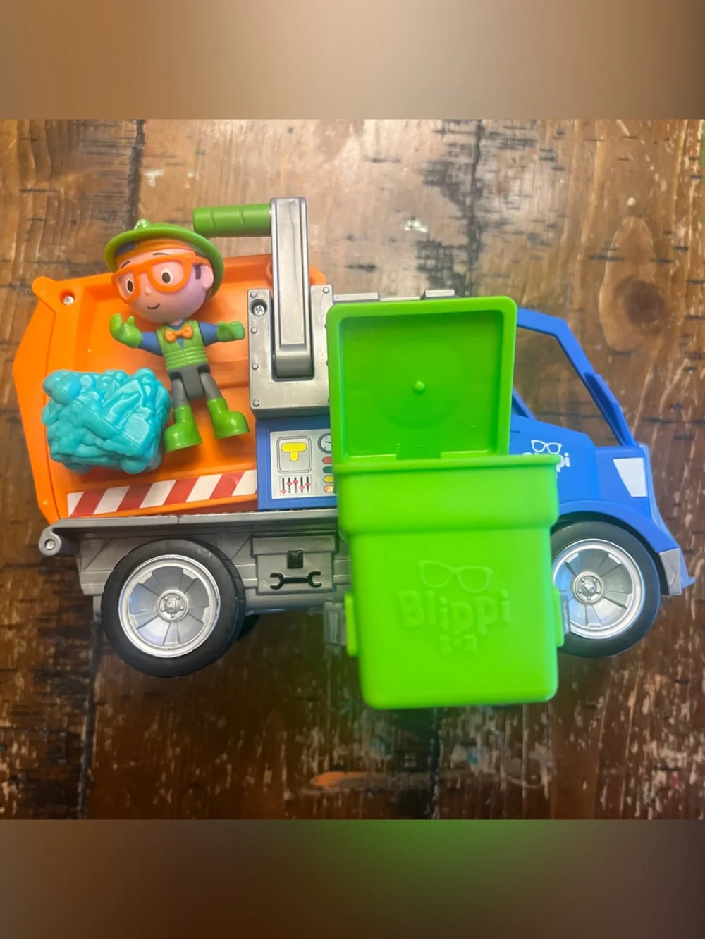 Blippi - Blue and Orange Kids Garbage Truck with Green Recycling Bin and Figure